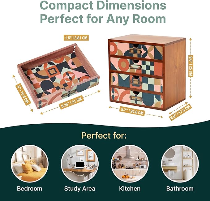 Mid-Century Modern Geometric Pattern Desk Organizer - Earth Tone Desktop Storage with 4-Drawer - Retro Modern Wood Cabinet for Office Supplies, Craft Tools, & Home Organization - MCM Drawer Unit