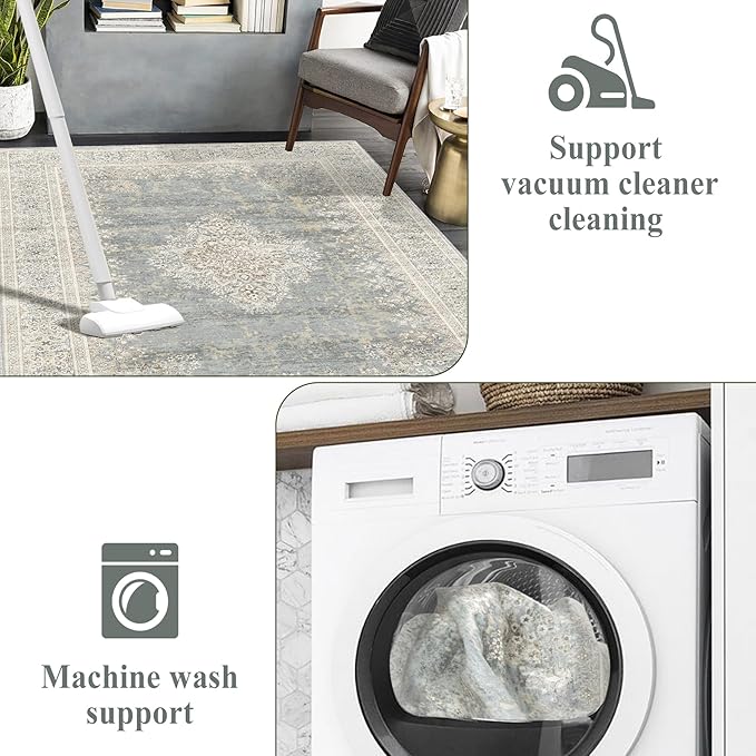 2x3 Entryway Rug Non-Slip Washable Thin Indoor Vintage Rug Low-Pile Floor Carpet for Entrance Bedroom Kitchen Bathroom Beige Grey