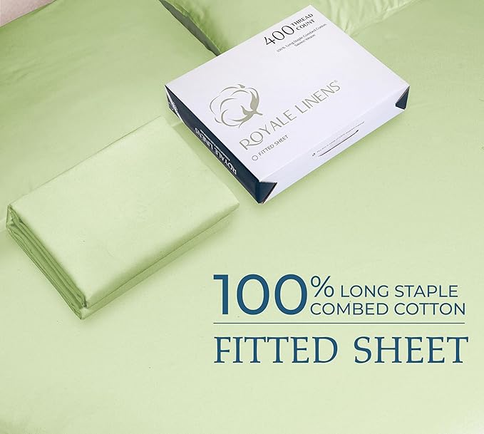 Royale Linens 400 Thread Count 100% American Grown Cotton Fitted Sheet Full Size - All Around Elastic Fitted Sheet - Luxury Sateen Weave - Snug Fit Bottom Sheet Fit Up to 16" (Full, Florentine Sage)