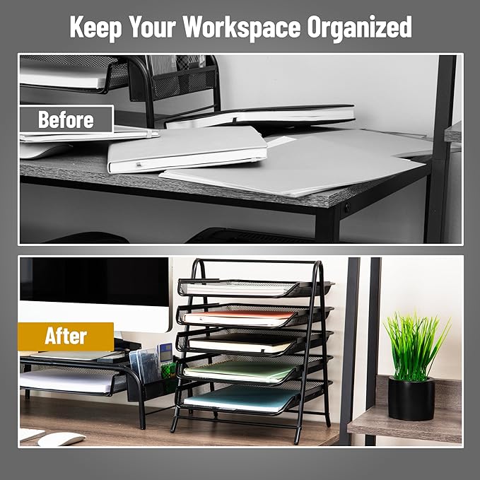 Mind Reader 5-Tier Paper Tray Organizer, Vertical Desktop File Storage Rack, Office, Metal Mesh, Black
