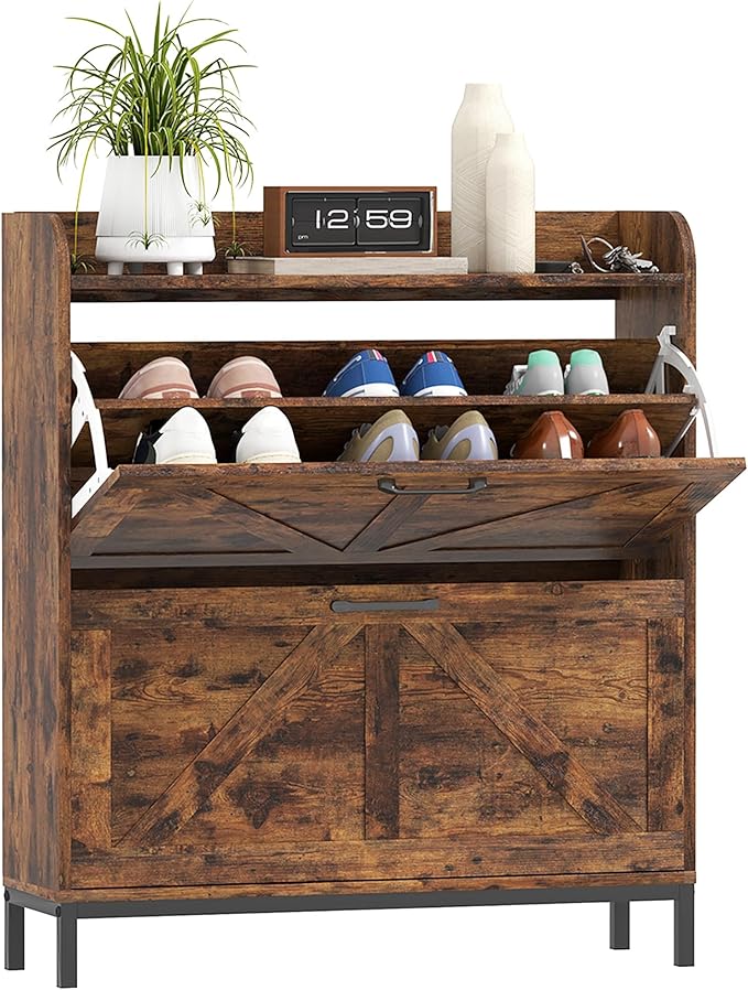 HOMCOM Shoe Storage Cabinet with 2 Flip Drawers, Legs, Farmhouse Freestanding Narrow Shoe Cabinet, Slim Hidden Rack Organizer for Entryway, Hallway, Rustic Brown Wood Grain