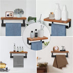 Hand Towel Holder/Towel Ring with Wooden Shelf, Hand Towel Rack, Hand Towel Hanger for Bathroom, Bath Accessories Wall Mounted, (Matte Black, 9"-Squ Shaped)