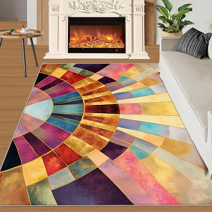 Chromatic Geometric Area Rugs 4x5ft, Abstraction Deco Kids Play Rug, Mosaic Sunburst Throw Rugs Bedroom Fluffie Soft for Coffee Shop Living Room Under Table Game Room