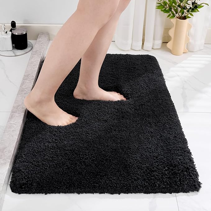 Small Bathroom Rug 17x24 Non Slip Black Fluffy Bath Mat for Bathroom Floor Washable Plush Luxury Bath Rug for Tub Soft Shaggy Shower Mat