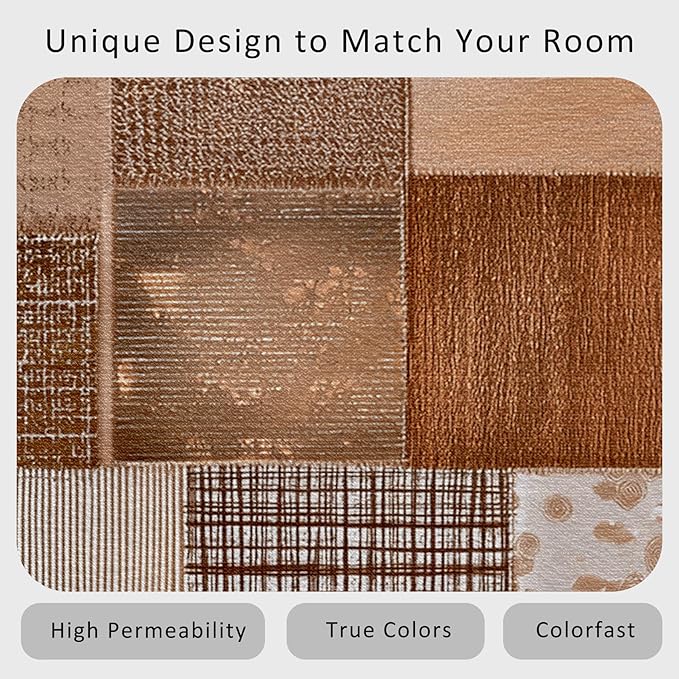 Patchwork Rug, Washable 3x4 Rug for Living Room, Geometric Brown Patterned Indoor Carpet, Patchwork Decor for Home, Bedroom, Soft Non Slip Thin Design FER3