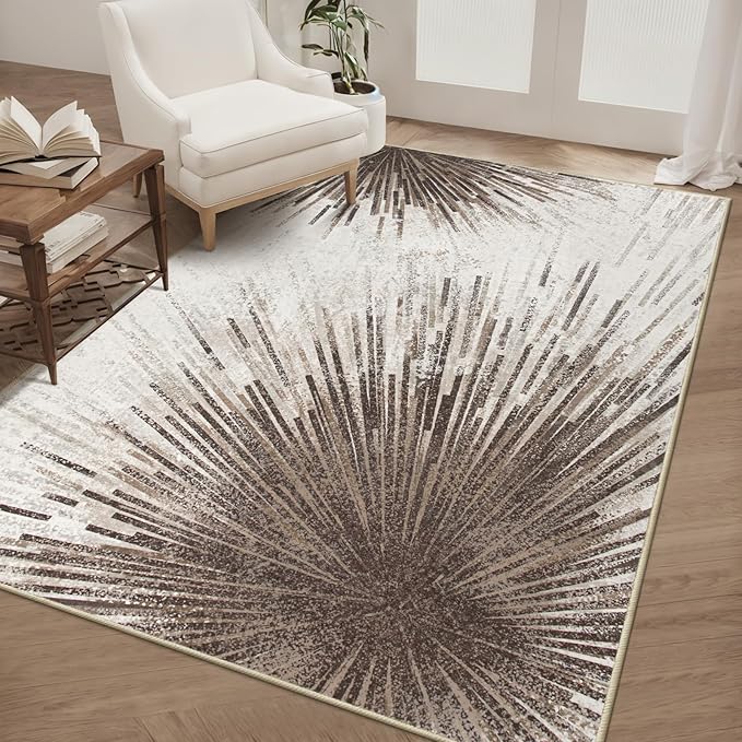 Lahome Modern Carpets for Living Room - Machine Washable Area Rugs 5x7 Throw Non-Slip Soft Carpet for Bedroom, Abstract Print Ultra-Thin Indoor Rug for Dining Room Office Home (Brown/Gray, 5'x7')