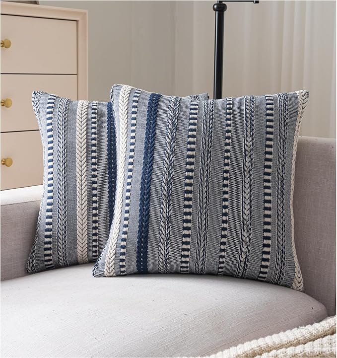 Boho Throw Pillow Covers 22x22 Inch Set of 2, Farmhouse Decorative Couch Pillow Cases, Navy Blue Accent Pillows of Bed, Sofa Bedroom Living Room Home Decor Cushion Cover