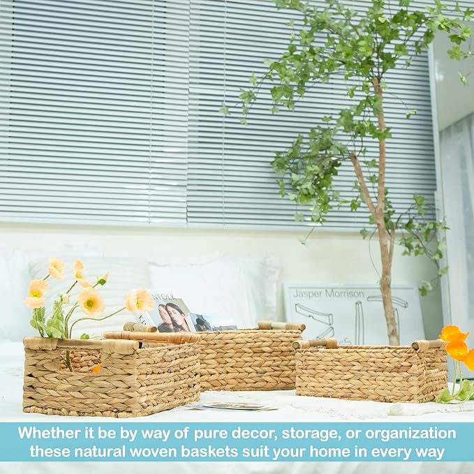 VATIMA Hyacinth Wicker Basket Set 3 size - Rectangular, Wooden Handles, Shelf Organizer, Natural Bins