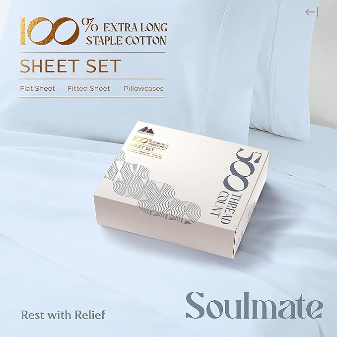 Mayfair Linen 100% Cotton Bed Sheets Queen Sheet Set - 500 Thread Count Sheets Queen Size 4 PC Set (Light Blue), Soft, Cooling, Hotel-Quality 16" Deep Pocket Sateen Cotton Bedsheet for Hot Sleepers