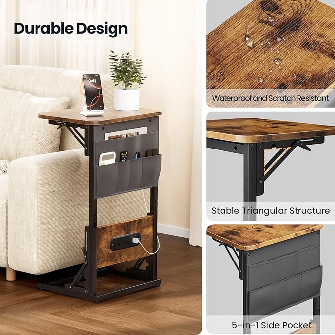HLDIRECT C Shaped End Table with Charging Station, Couch Side Table with Storage Bag, Foldable TV Tray with 2 USB Ports and Outlets for Living Room, Bedroom, Rustic Brown