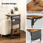 HLDIRECT C Shaped End Table with Charging Station, Couch Side Table with Storage Bag, Foldable TV Tray with 2 USB Ports and Outlets for Living Room, Bedroom, Rustic Brown