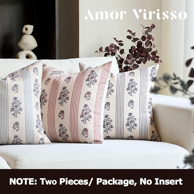 Amor Virisso Floral Throw Pillow Covers 18x18 Set of 2 Block Print Pillow Covers Neutral Floral Striped Farmhouse Decorative Pillow Covers for Sofa Couch Bed, Light Taupe