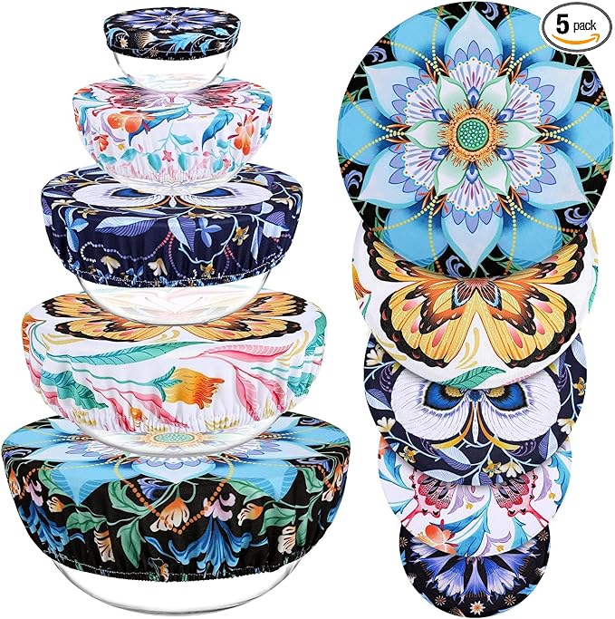 5 Pieces Bowl Covers Reusable, 5 Size Elastic Cloth Bowl Covers for Bread Proofing, Food Covers Washable for Food Fruits Leftover (Lotus Floral)