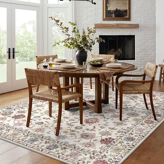Washable Area Rug 5x7 - Boho Living Room Rug Soft Farmhouse Bedroom Rug Ultra-Thin Cream Colorful Vintage Traditional Floral Dining Room Rugs for Under Table Indoor Carpet for Living Room