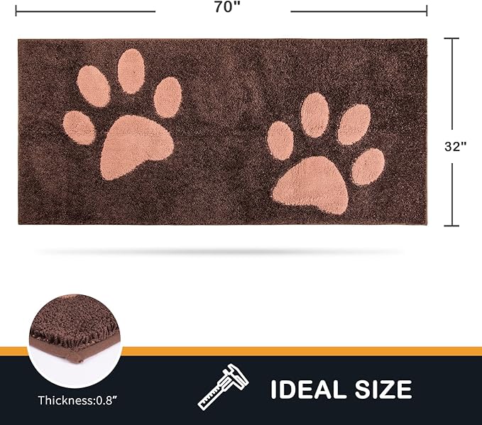 PURRUGS Dirt Trapping Door Mat 32" x 70", Non-Skid/Slip Machine Washable Microfiber Entryway Rug, Dog Doormat, Super Absorbent Welcome Mat for Muddy Wet Shoes and Paws, Brown