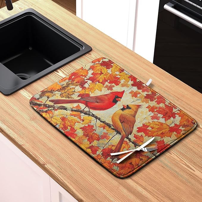 Fall Dish Drying Mats for Kitchen Counter Maple Leaf Cardinal Birds Dish Draining Mat 18x24 Inch Autumn Thanksgiving Dish Rack Mat Microfiber Absorbent Dish Drainer Pad