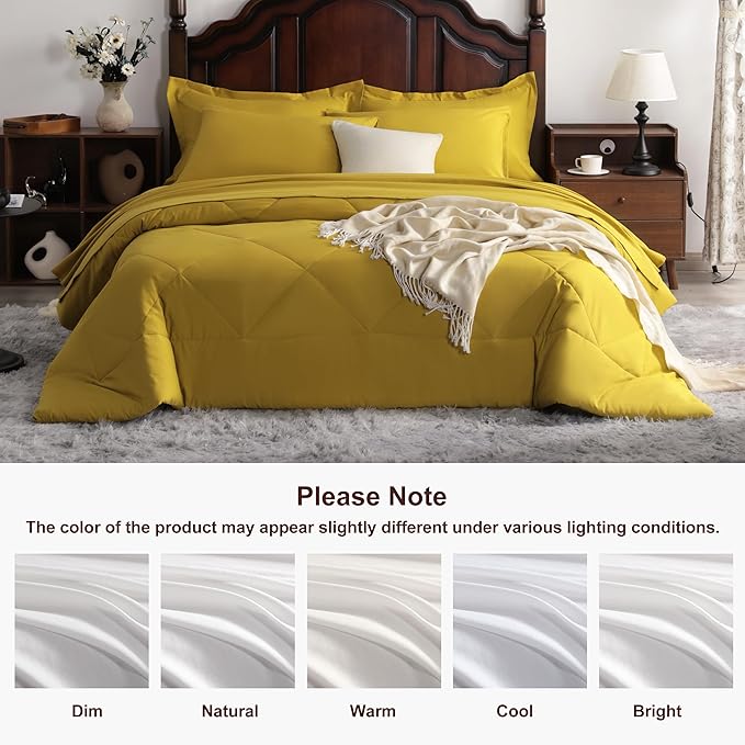 NTBAY King Comforter Set with Sheets, 7 Pieces Soft and Breathable King Bedding Set, Bed in a Bag, Down Alternative Comforter Set Solid Color All Season, King Bedding Set, Yellow