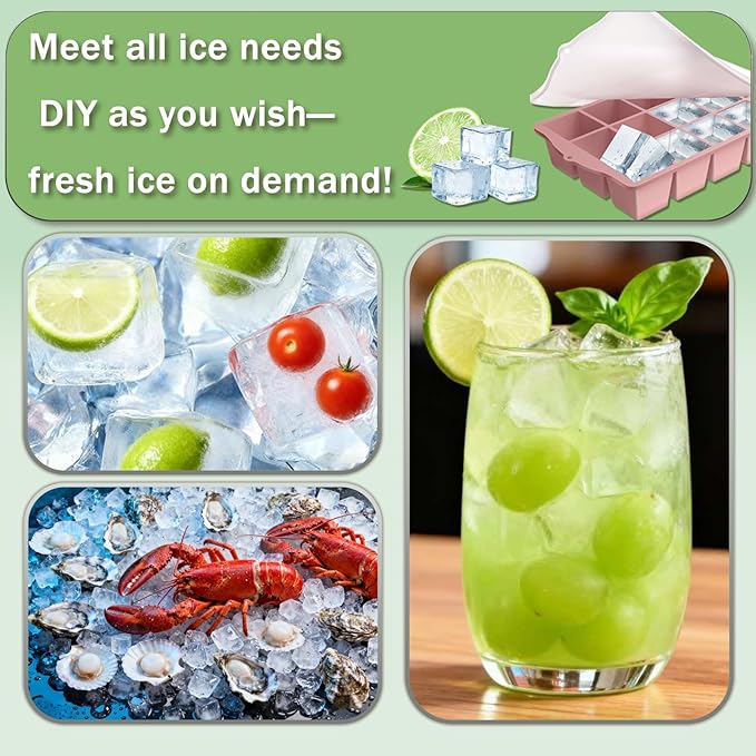 Ice Cube Trays for Freezer, 2 Pack Easy Release Slicone Ice Cube Tray with Lid, BPA Free Stackable Flexible Ice Molds 15 Square Reusable Ice Cubes for Whiskey, Baby Food, Iced Coffee (Pink)
