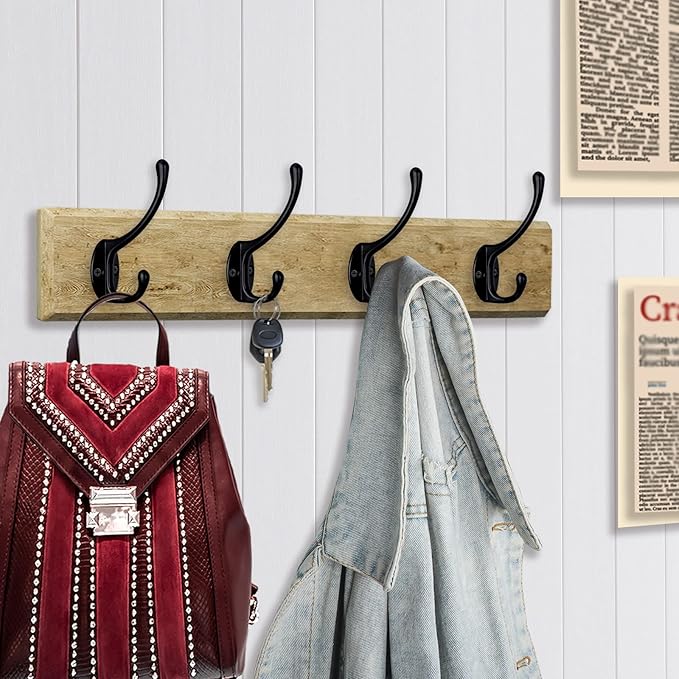 IBosins 30 Pack Heavy Duty Dual Coat Hooks Wall Mounted with 60 Screws Retro Double Hooks Utility Black Hooks for Coat, Scarf, Bag, Towel, Key, Cap, Cup, Hat