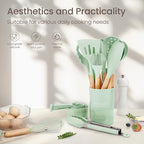 26 Pcs Silicone Cooking Utensils Set with Holder, BPA Free Kitchen Utensils Set for Cooking, 446°F Spatulas Silicone Heat Resistant Wooden Handle Spoon Tongs Non-stick Kitchen Gadgets (Light Green)