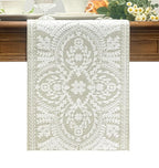 KEVA Boho Table Runner 110inches Long, Farmhouse Rustic Vintage White Embroidered Table Runners 13x110 Inch for Dining Table Decorations