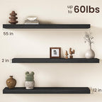 Black Floating Shelves 55Inch Long, 12 Inch Deep Floating Shelves