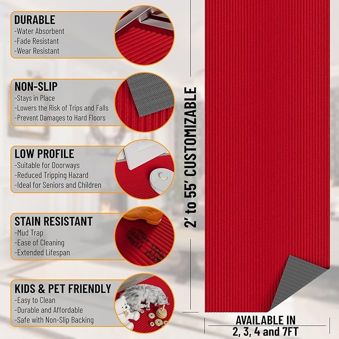 Ottomanson 3'11" x 46' Hallway Runner with Scraper Pile - Extra Durable Non-Slip Rug Mat for Indoor & Outdoor Use - Ideal for Kitchen, Entryway & Garage - High-Traffic Carpet, Red