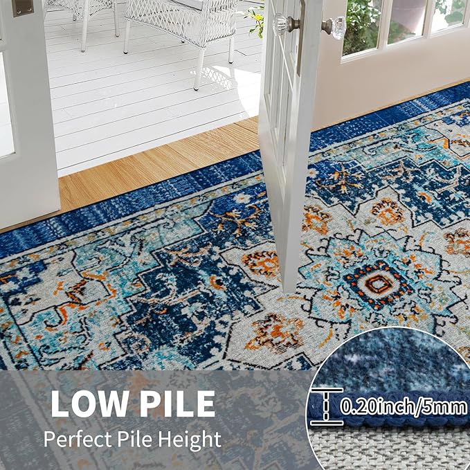 Easy-Going Large Area Rug 8x10 Washable Boho Rugs for Living Room Non-Slip Bedroom Rug Low Pile Lightweight Tangerine Vintage Throw Rug for Dining Room Kitchen Home Office Carpet, Floral Aqua Yellow