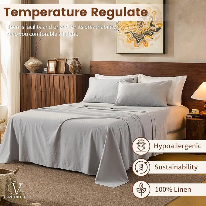 100% Linen Sheets King Size,Breathable & Durable 4-Piece Bed Flax Sheet Set,Soft All-Season Bedding for Hot Sleepers 16" Deep Pocket Oeko-TEX Certified,（King, Grey）