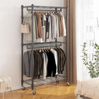 BATHWA Rolling Tall Garment Rack with 2 Rods & 3-Tier Adjustable Shelves, 35.5" W x 16.5" D x 80.7" H, Heavy Duty Clothes Hanging Racks Portable Wardrobe Closet Organizer for Bedroom, Laundry, Black