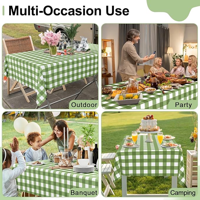 Smiry 6 Pack Sage Green Gingham Disposable Tablecloths - 54" x 108" Heavy Duty Plastic Table Cloth, Waterproof Buffalo Plaid Table Covers for Picnic, Banquets, Outdoor Parties