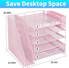 Desk Organizers and Accessories, 5-Tier Paper Letter Tray Organizer with File Holder, Drawer & Pen Holder, Office Desk Accessories, Desktop Organizer for Classroom Office Supplies, Pink