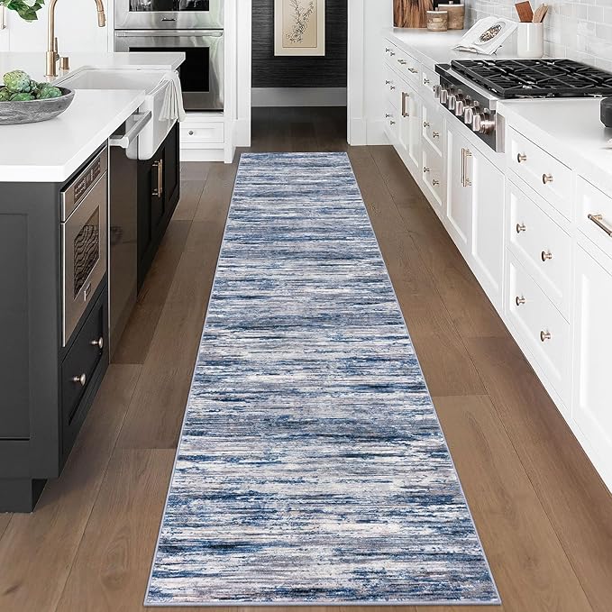 2.6x18 Modern Abstract Runner Rug for Hallways, Navy Blue Gray Neutral Multi Super Soft Hallway Decor Kitchen Rugs with Non-Slip, Non-Shedding Washable Rug for Entryway Bedroom Indoor
