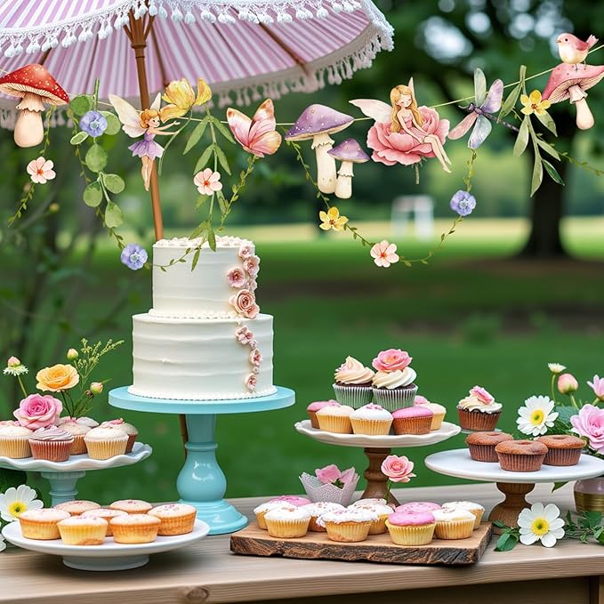 Fairy Mushroom Banner Wildflower Party Decorations Paper Flower Leaves Banner Fairy Garland for Wall Decoration Spring Baby Shower Wedding Backdrop Decorations
