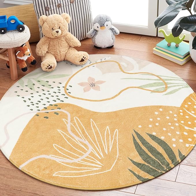 Lahome Boho Round Area Rug 4Ft - Washable Non-Slip Kitchen Rug, Bedroom Carpet, Ultra-Thin Soft Cute Nursery Kids Room Rug, Botanical Print for Dorm Bathroom Classroom Entryway