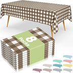 Smiry 8 Packs Gingham Disposable Table Cloth, 54 x 108 Inch Waterproof Plastic Tablecloth, Rectangle Brown and White Checkered Table Covers for Picnic, Birthday, Party