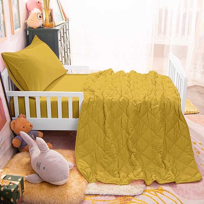 NTBAY Toddler Bedding Set - 4 Piece Soft and Breathable Crib Bedding Set for Boys and Girls, Includes Quilted Comforter, Fitted Sheet, Flat Top Sheet and Envelope Pillowcase, Yellow