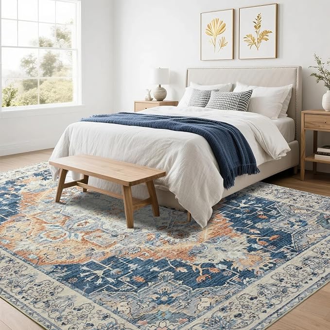 Large Area Rugs 9x12, Low Pile Washable Rugs - Soft Vintage Distressed Rugs for Living Room Bedroom, Office, Dining Room, Water Repellent & Non Shedding, Blue and Orange
