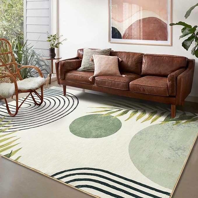 RoomTalks Boho Green Cute 3x5 Small Area Rugs Washable, Modern Abstract Geometric Shape with Tropical Leaves Non Slip Throw Rugs for Bedroom Kitchen Entryway Indoor Doormat Stain Resistant