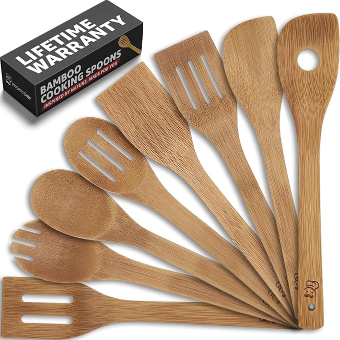 PriorityChef Wooden Spoons for Cooking, 8Pc Non Scratch Bamboo Cooking Utensils, Non-Toxic Wooden Utensil Set, Easy to Clean Kitchen Utensils Set for Everyday Use on All Cookware Types