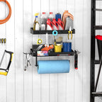 Taozun Garage Paper Towel Holder, 2 Pack Garage Organization, 12" Paper Towel Holder, Shop Shelf Wall Mount with 8 Hooks for Tool Room(Black)
