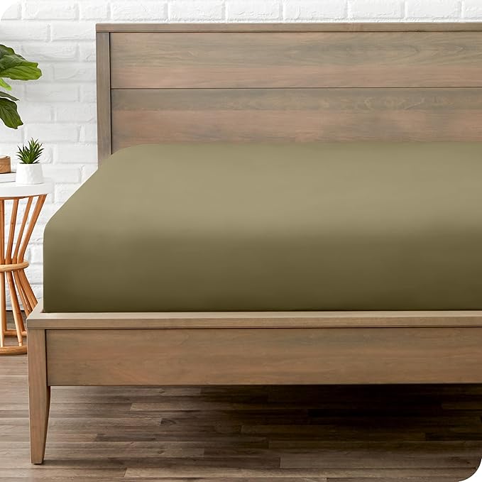 Bare Home Fitted Bottom Sheet Queen Size - Premium 1800 Microfiber - Ultra-Soft Hotel Luxury - Deep Pocket - Durable and Long Lasting (Queen, Olive)