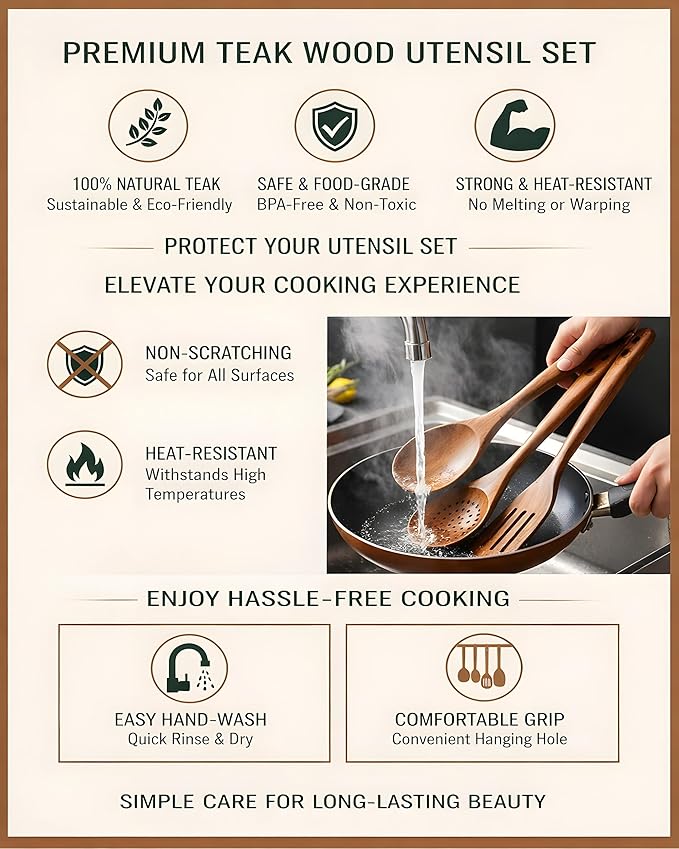 8-Piece Natural Teak Wood Utensil Set - Essential Nonstick Cooking Spoons & Spatulas, Eco-Friendly Tools