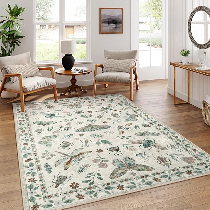 Lahome Insect Print Washable Rugs for Living Room, Soft 6x9 Area Rugs for Bedroom, Ultra-Thin Non Slip Modern Area Rug Low Pile Stain Resistant Throw Carpet for Dining Room Office(6'x9',Beige)