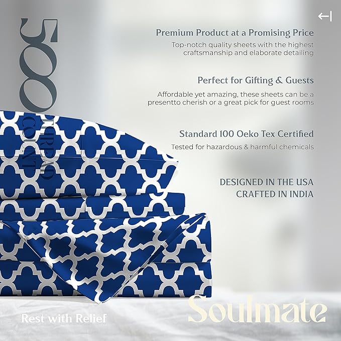 Mayfair Linen 100% Cotton Printed Bed Sheets Twin Size Set - 500 Thread Count Cotton Twin Sheets for Dorm Room, 3 PC Set (Quatrefoil Navy Print), Soft, Cooling, Sateen Weave 16" Deep Pocket Bedsheet