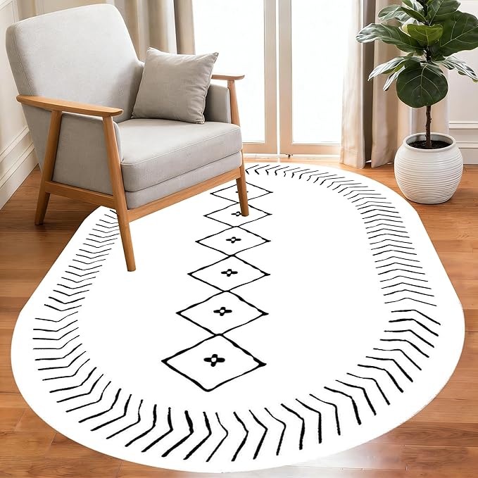 Simple Black and White Geometric Texture Bordered Area Rug 10x14 for Living Room Bedroom Dining Room Soft Washable Anti Slip Floor Mats Doormat Modern Minimalist Large Carpet Cozy Indoor Oval Rugs