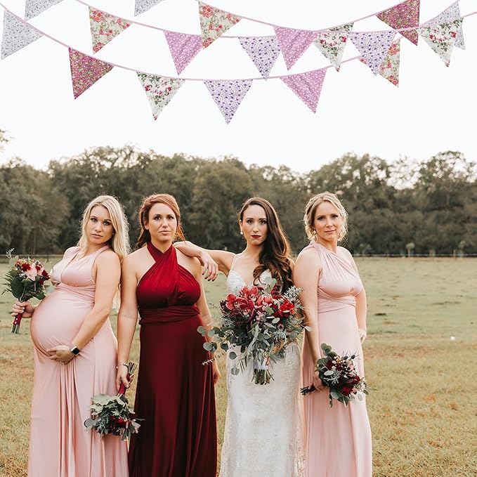 Zwiebeco 32Ft Pink Purple Rustic Floral Fabric Pennant Banner Triangle Flags Cotton Retro Flowers Bunting Party Decorations for Birthday Engagement Wedding Spring Vintage Village Home Garden Decor