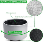 Round Leather Art Supply Organizer,Remote Control Holder,360 Degree Spinning,Multi-Functional Pencil Holder,4 Compartments Desktop Stationary Organizer(1-Lichee Silver)