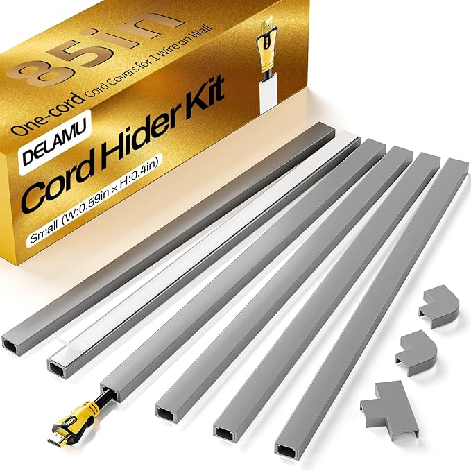 Delamu Cord Hider, 85in Cord Covers for Wires on Wall, One-Cord Cable Hider, Self-Adhesive Wire Hiders Wire Covers for TV Cords on Wall, Paintable Cable Cover Management Kit, W0.59 H0.4in, Grey