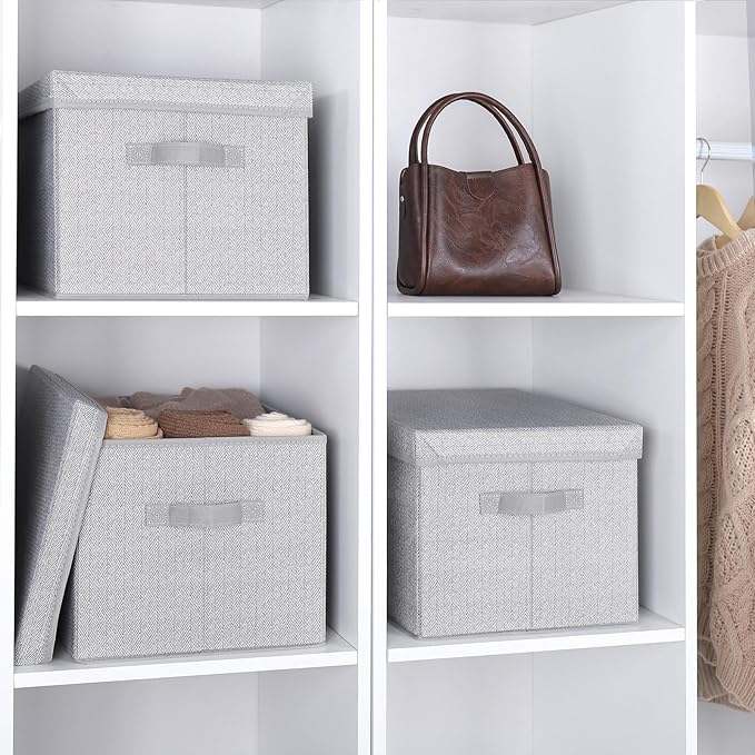 WUIKE 3 Pack Extra Large Foldable Storage Bins with Lids, Fabric Storage Bins for Home and Closet Organization, Herringbone Gray
